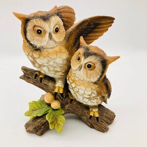 Vtg 80s Homco Ceramic Great Horned Owl Pair Figurine 1404 Original Stamp Sticker